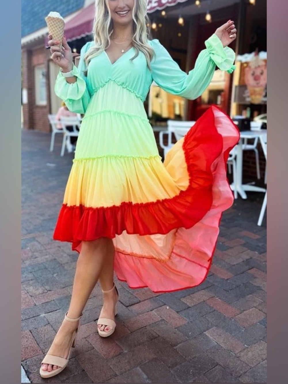 Champagne & Strawberry Multicolor Gradient High Low Long Sleeve Midi Dress Large